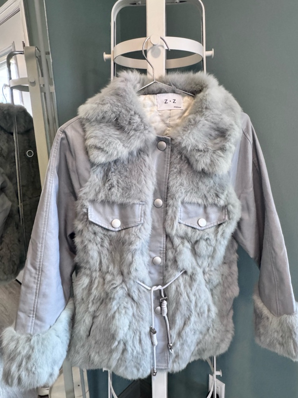NWOT Y2K Grey Blue Rabbit Fur Jacket Soft Glam  Coat S-M